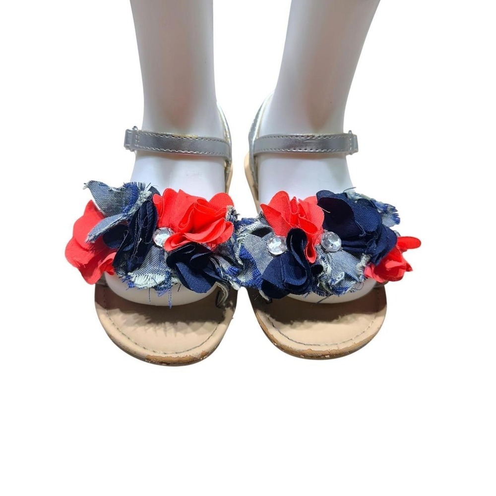 Cherokee Floral Sandals Girls Size 9 Silver Metallic Denim Flower Summer Shoes
